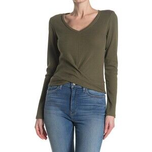 ABOUND Long Sleeve Twist Front V Neck Knit Top In Olive Night Green Size S